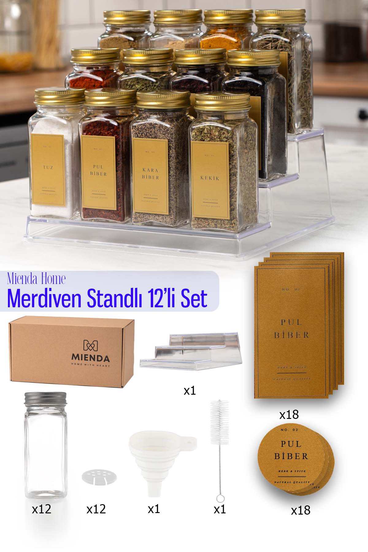 Merdiven Standlı 12'li Cam Baharatlık Fırça ve Hunili Set