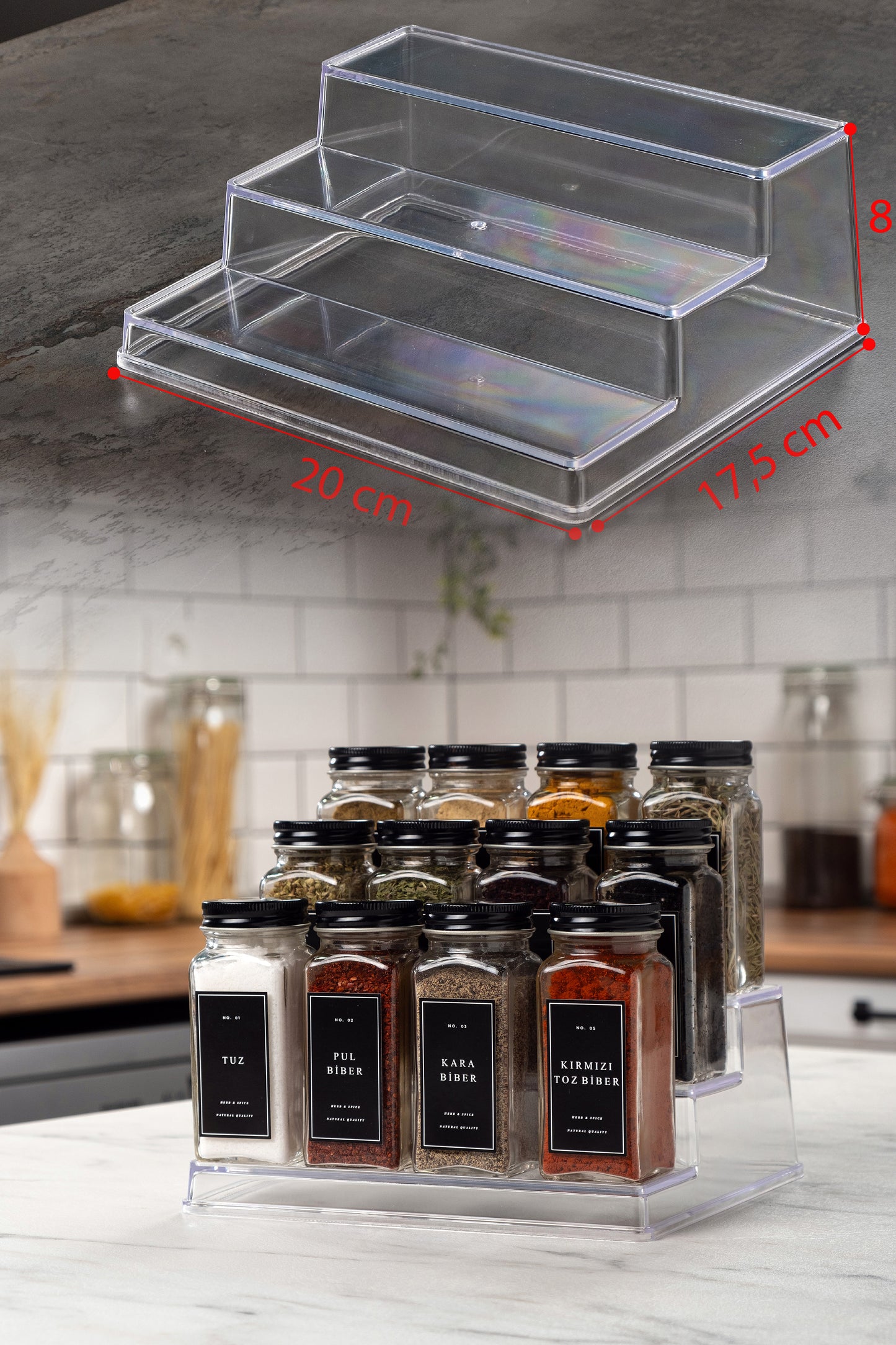 Merdiven Standlı 12'li Cam Baharatlık Fırça ve Hunili Set