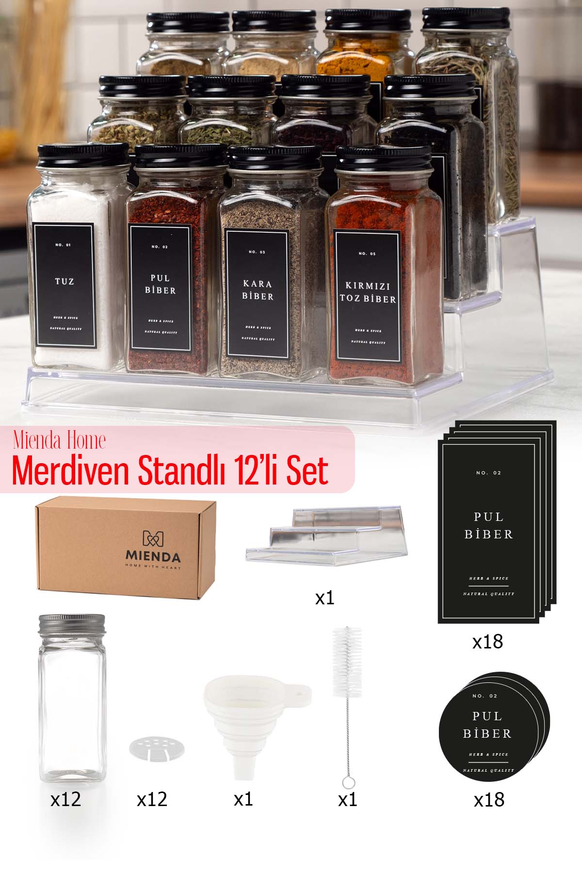 Merdiven Standlı 12'li Cam Baharatlık Fırça ve Hunili Set