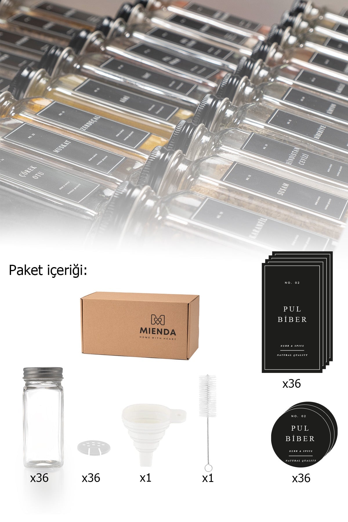 Şeffaf Pleksi Standlı 36'lı Cam Baharatlık, Fırça, Hunili Set