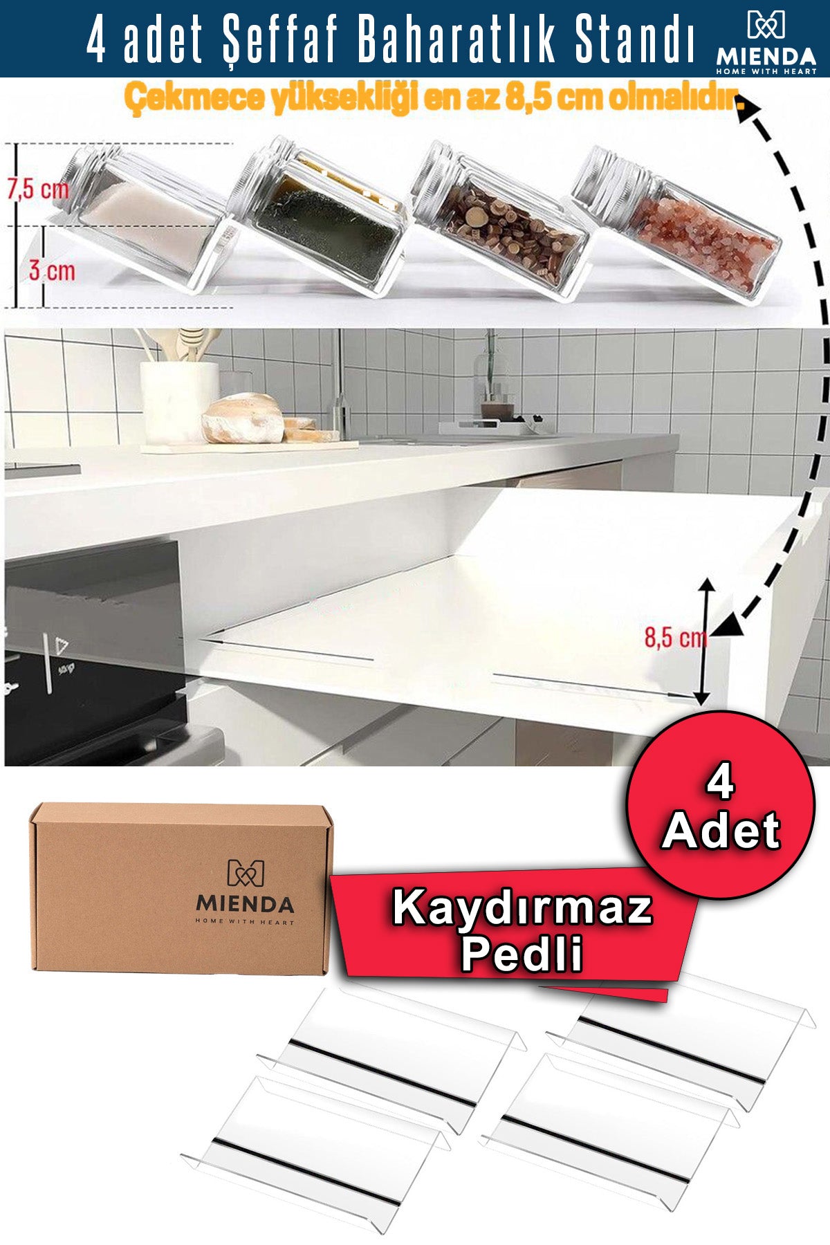 Şeffaf Pleksi Standlı 24'lü Cam Baharatlık,Fırça, Hunili Set