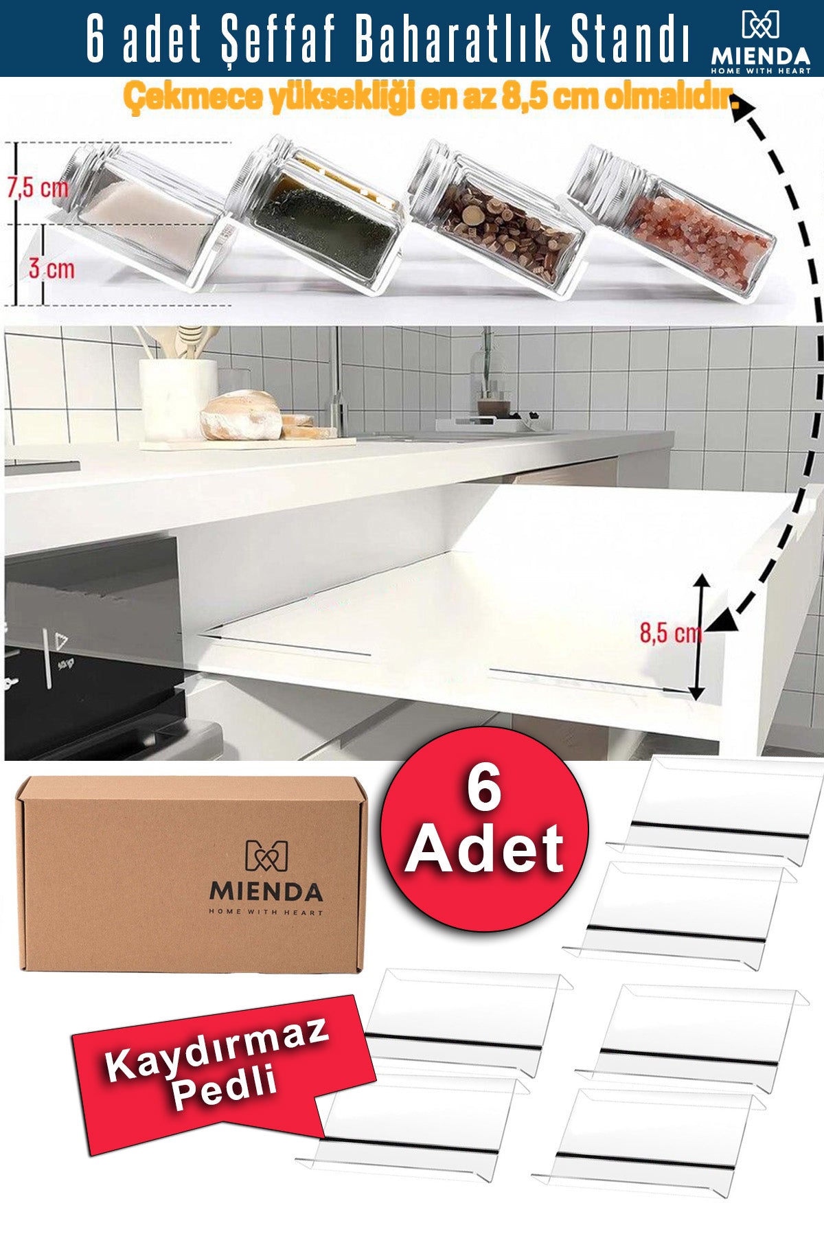 Şeffaf Pleksi Baharatlık Standı Çekmece içi Düzenleyici Organizer (6 adet)