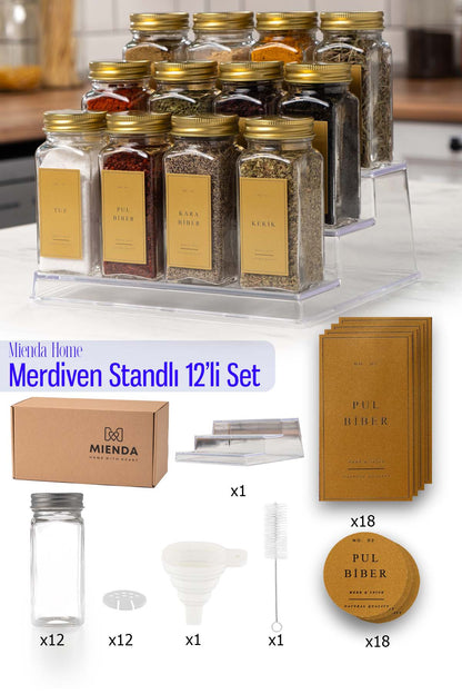 Merdiven Standlı 12'li Cam Baharatlık Fırça ve Hunili  Set