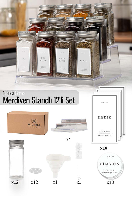 Merdiven Standlı 12'li Cam Baharatlık Fırça ve Hunili  Set
