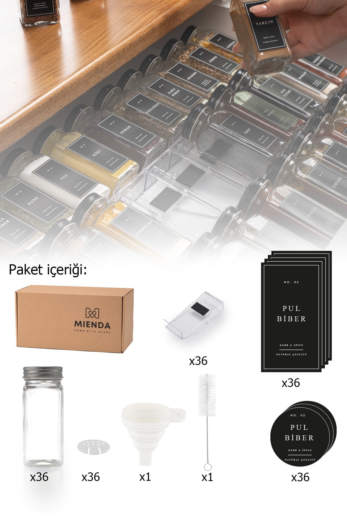 Şeffaf Lego Standlı 36'lı Cam Baharatlık, Fırça, Hunili Set