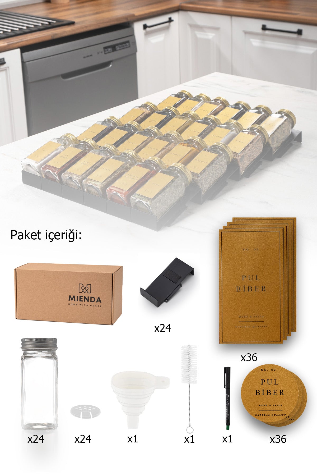 Siyah Lego Standlı 36'lı Cam Baharatlık, Fırça, Huni, Kalemli Set