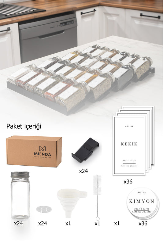 Siyah Lego Standlı 36'lı Cam Baharatlık, Fırça, Huni, Kalemli Set