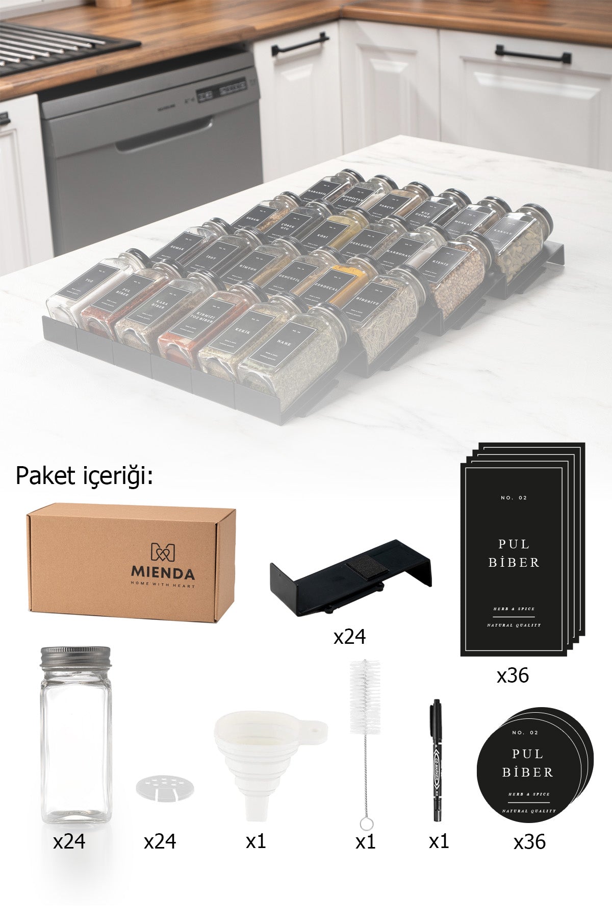 Siyah Lego Standlı 36'lı Cam Baharatlık, Fırça, Huni, Kalemli Set