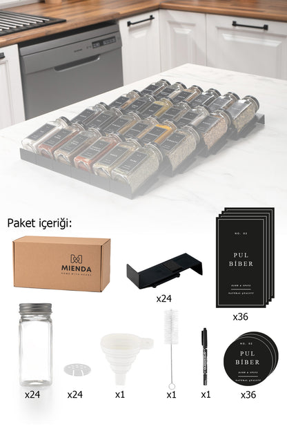 Siyah Lego Standlı 36'lı Cam Baharatlık, Fırça, Huni, Kalemli Set