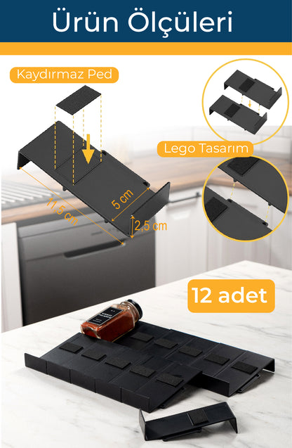 Siyah Lego Baharatlık Standı Çekmece içi Düzenleyici Organizer (12 adet)